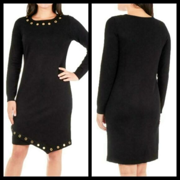 NY Collection Black Grommet Long Sleeve Sweater Dress Petite Medium NWT - Picture 1 of 4